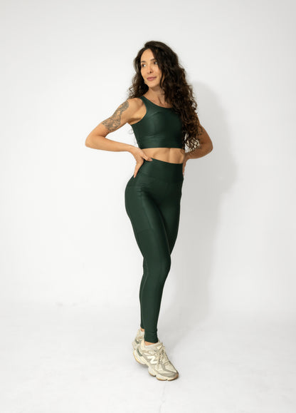 Conjunto Fitness Verde Alta Compressão com Bolsos E Top de alça larga