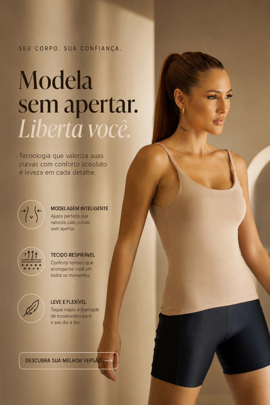 Blusa de Alça Fina Essencial Nude em Poliamida com Bojo removível e Proteção UV50+