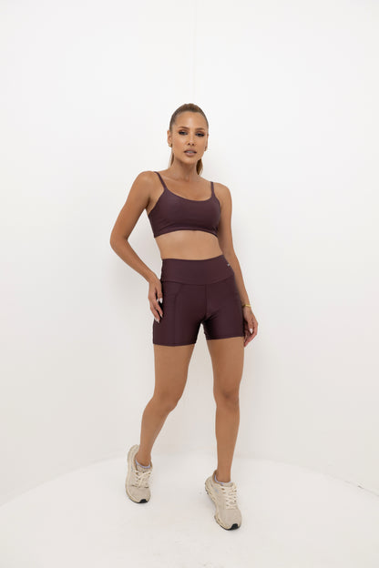 Conjunto Fitness Feminino Marsala:Top Alças Finas Ajustáveis + Short Cintura Alta com Bolso Lateral