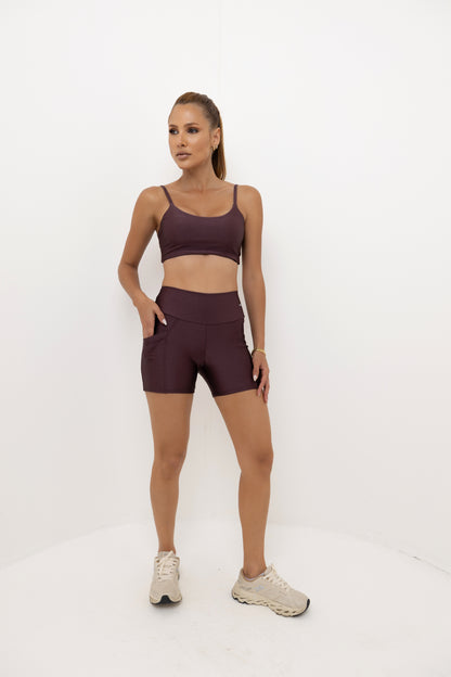 Conjunto Fitness Feminino Marsala:Top Alças Finas Ajustáveis + Short Cintura Alta com Bolso Lateral