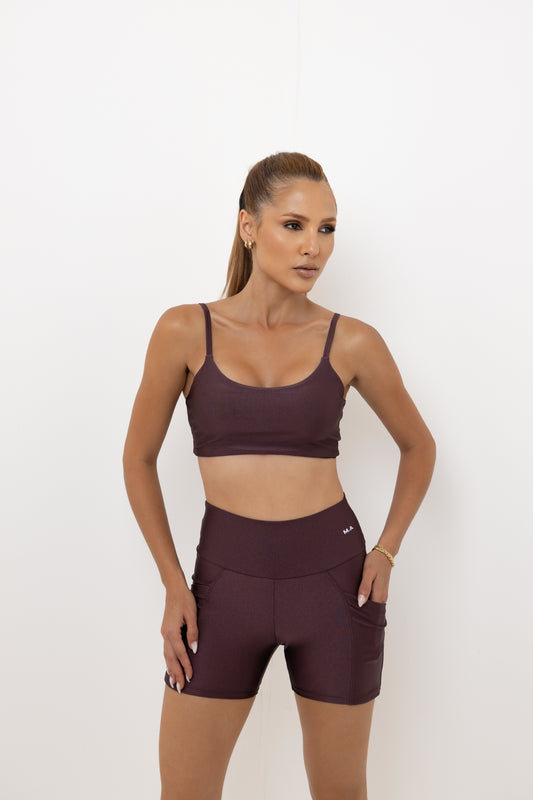 Conjunto Fitness Feminino Marsala:Top Alças Finas Ajustáveis + Short Cintura Alta com Bolso Lateral