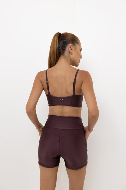Conjunto Fitness Feminino Marsala:Top Alças Finas Ajustáveis + Short Cintura Alta com Bolso Lateral