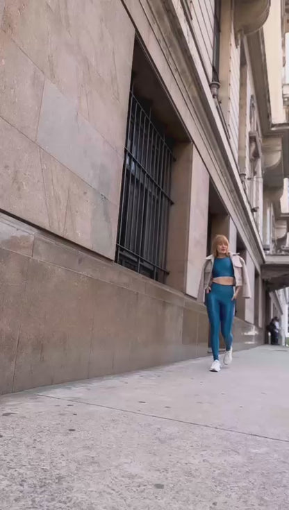 Conjunto Fitness Azul Feminino: Top Alta Sustentação + Legging Cintura Alta com Bolso e Compressão